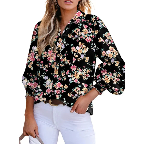 Women's Floral Chiffon   Button Down Blouse – V   Neck Long Sleeve   Casual Boho Shirt