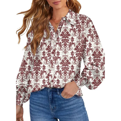 Women's Floral Chiffon   Button Down Blouse – V   Neck Long Sleeve   Casual Boho Shirt