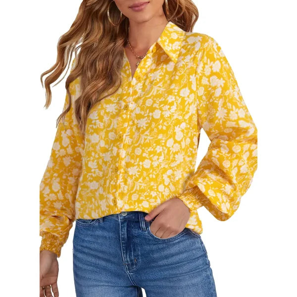 Women's Floral Chiffon   Button Down Blouse – V   Neck Long Sleeve   Casual Boho Shirt