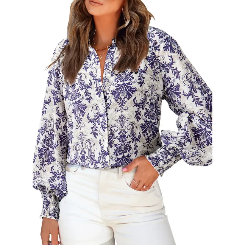 Women's Floral Chiffon   Button Down Blouse – V   Neck Long Sleeve   Casual Boho Shirt