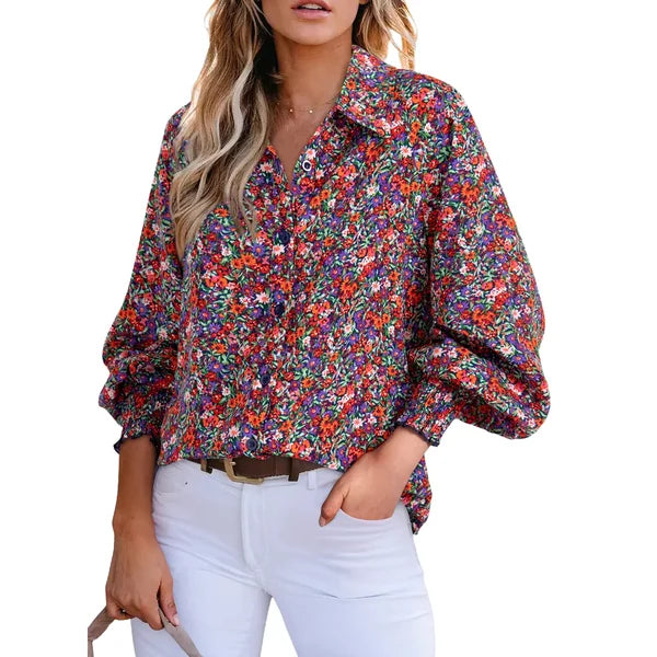 Women's Floral Chiffon   Button Down Blouse – V   Neck Long Sleeve   Casual Boho Shirt