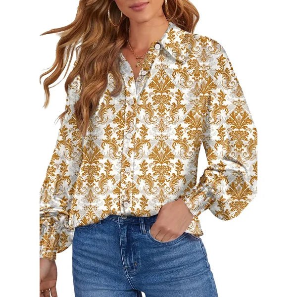 Women's Floral Chiffon   Button Down Blouse – V   Neck Long Sleeve   Casual Boho Shirt