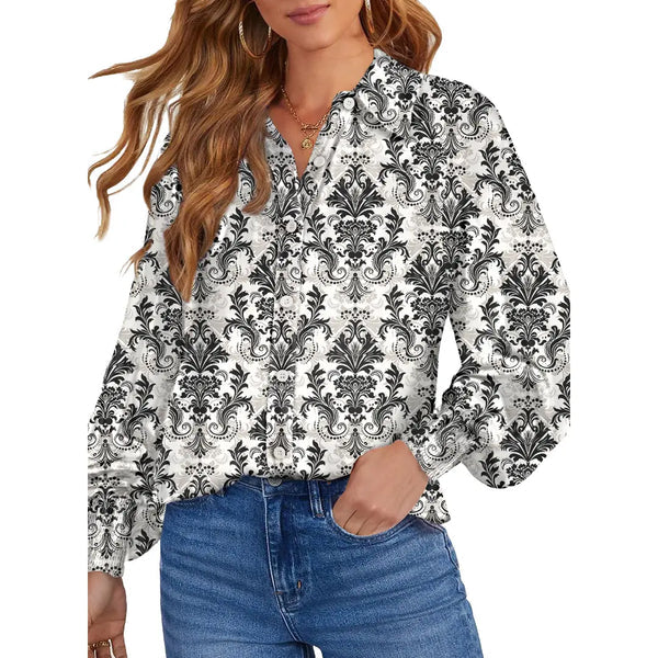 Women's Floral Chiffon   Button Down Blouse – V   Neck Long Sleeve   Casual Boho Shirt