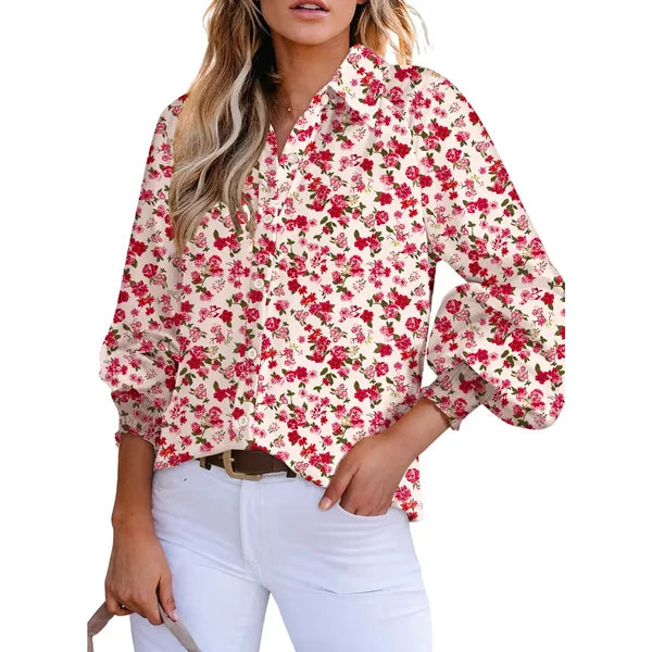 Women's Floral Chiffon   Button Down Blouse – V   Neck Long Sleeve   Casual Boho Shirt