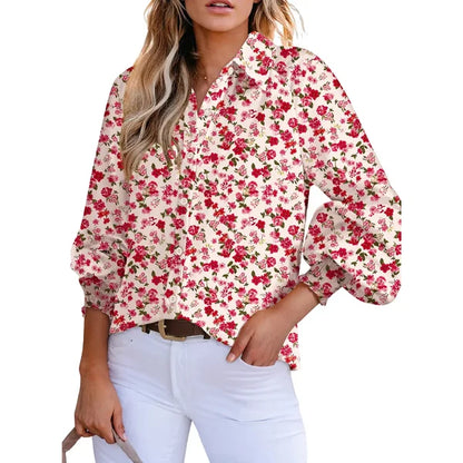 Women's Floral Chiffon   Button Down Blouse – V   Neck Long Sleeve   Casual Boho Shirt